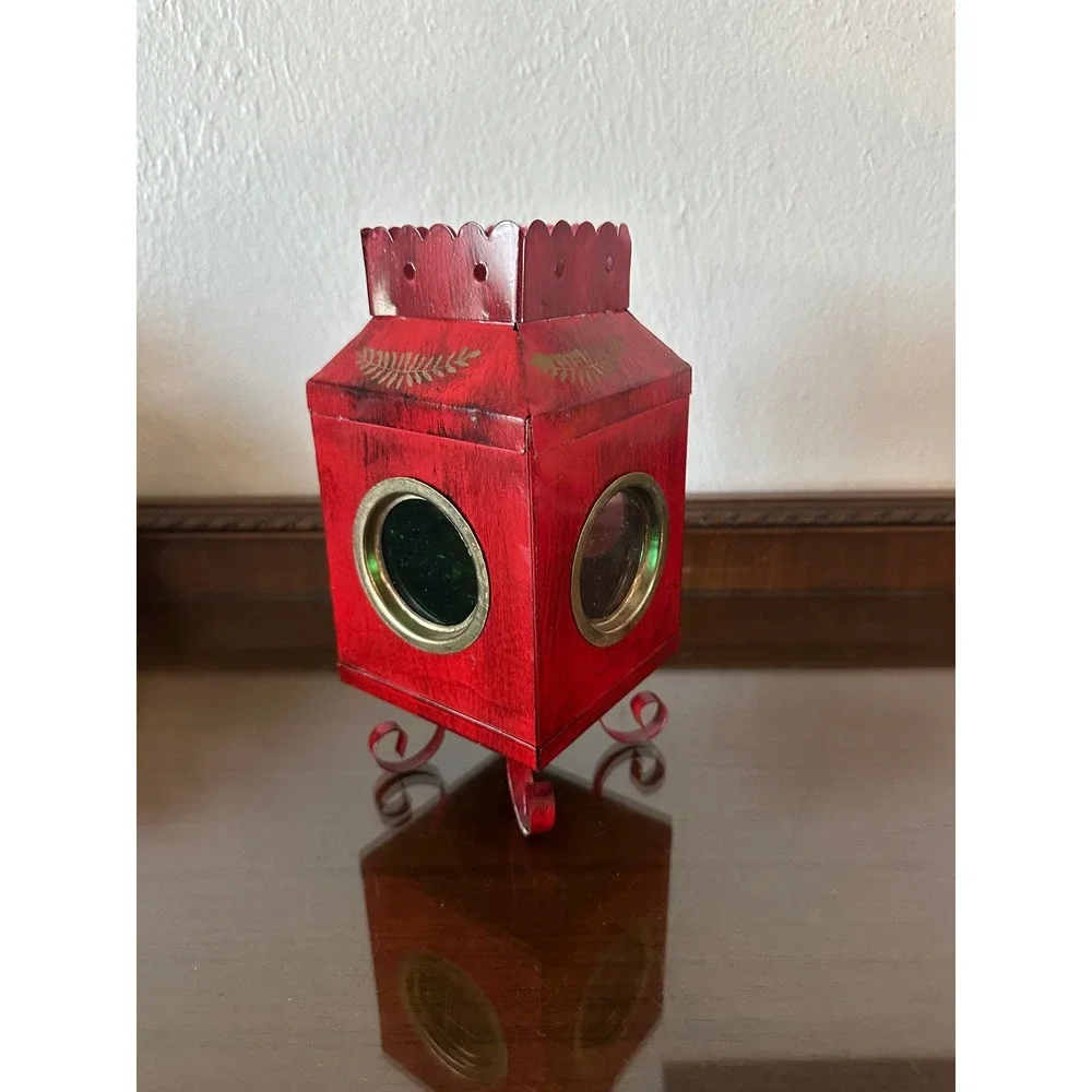 Vtg 9'' Red Metal Signal Lantern Candle Holder Distressed Gold Leaf Hong Kong